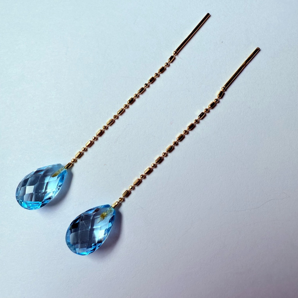 14K Yellow Gold 7 CTW Swiss Blue Topaz Faceted Pear Dangle Threader Earrings - Picture 3 of 7